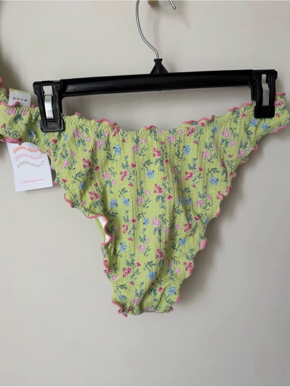 Dippin' Daisy's Green Floral Ruffle Bikini set and scrunchie